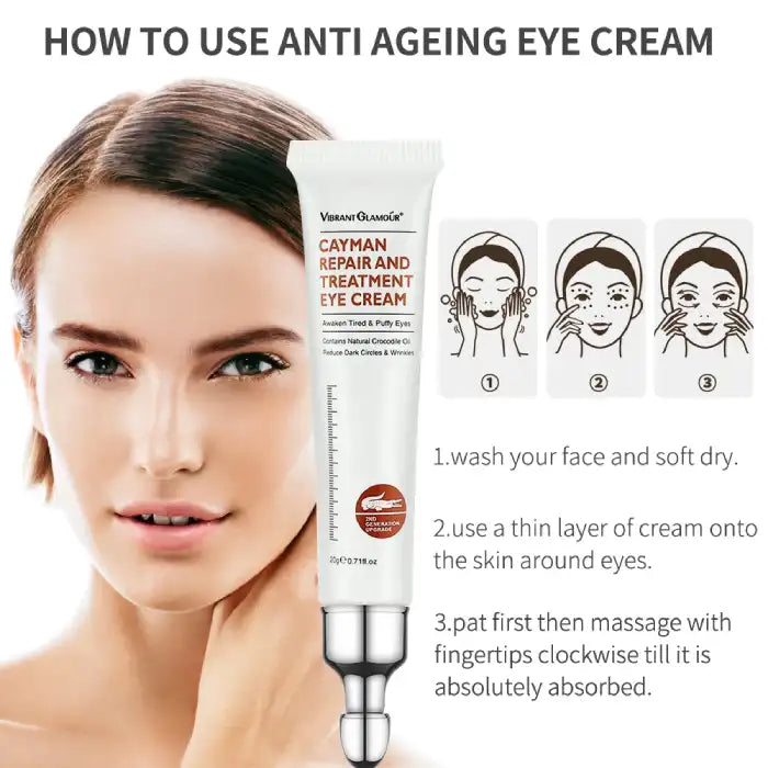 Peptide Collagen Eye Cream usage instructions with model and visual steps for effective absorption