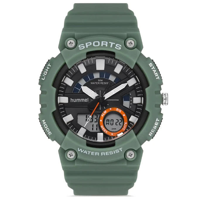 Hummel HM-1015MAD-4 military green sports watch with digital display and water resistance.