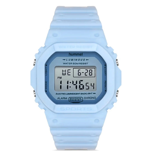 Hummel HM-1009MD4 retro digital watch with pastel blue case, shock resistance, and electro luminescent backlight.