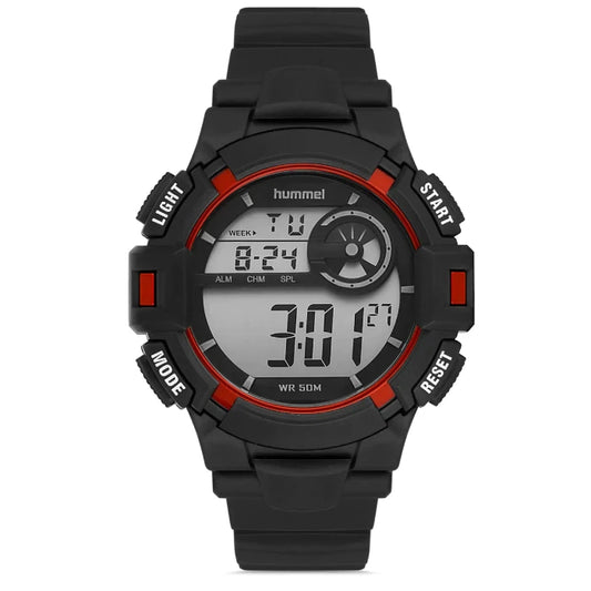 Hummel HM-1010MD3 tactical digital watch with 50M water resistance, red accents, and multi-function display for sports.