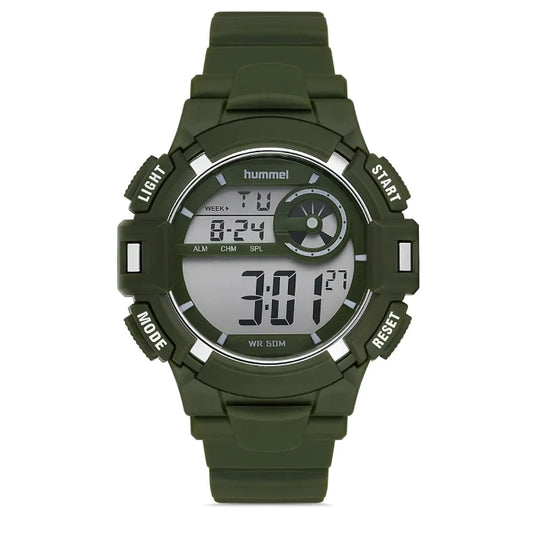 Hummel HM-1010MD6 tactical digital watch with military green case, 50M water resistance, and multi-function display.