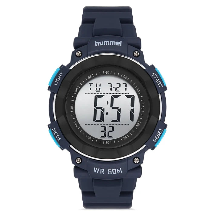 Hummel HM-1011MD6 digital sport watch with 50M water resistance, navy blue case, and turquoise function buttons.