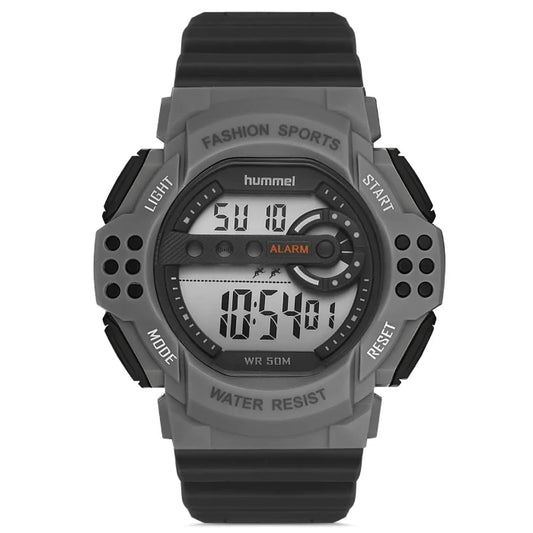 Hummel HM-1012MD-10 digital sports watch with grey case, 50M water resistance, and multi-function display.