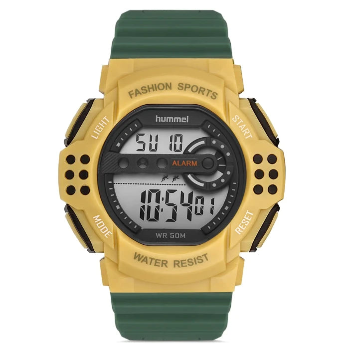 Hummel HM-1012MD-8 digital sports watch with yellow case, green strap, and 50M water resistance for active lifestyle.