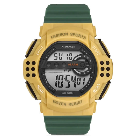 Hummel HM-1012MD-8 digital sports watch with yellow case, green strap, and 50M water resistance for active lifestyle.