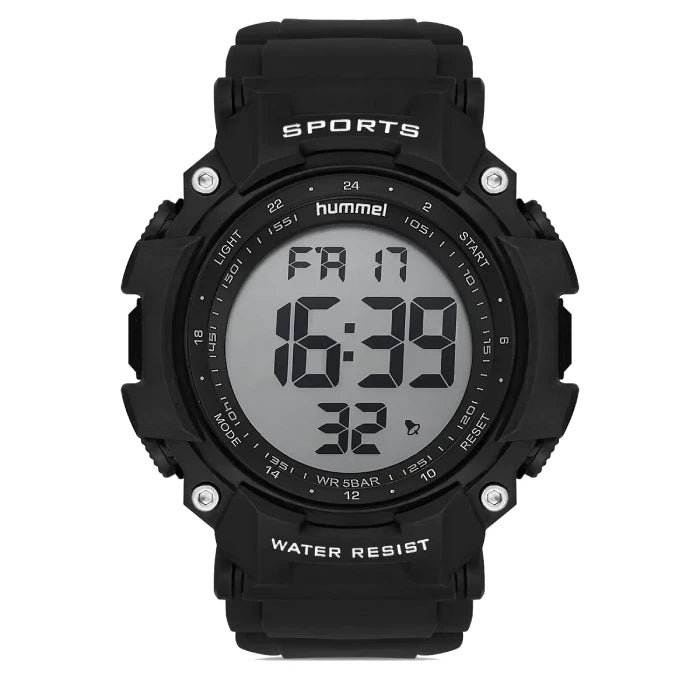 Hummel HM-1013MD1 sports digital watch with 5BAR water resistance, large LCD display, and shock-resistant black case.