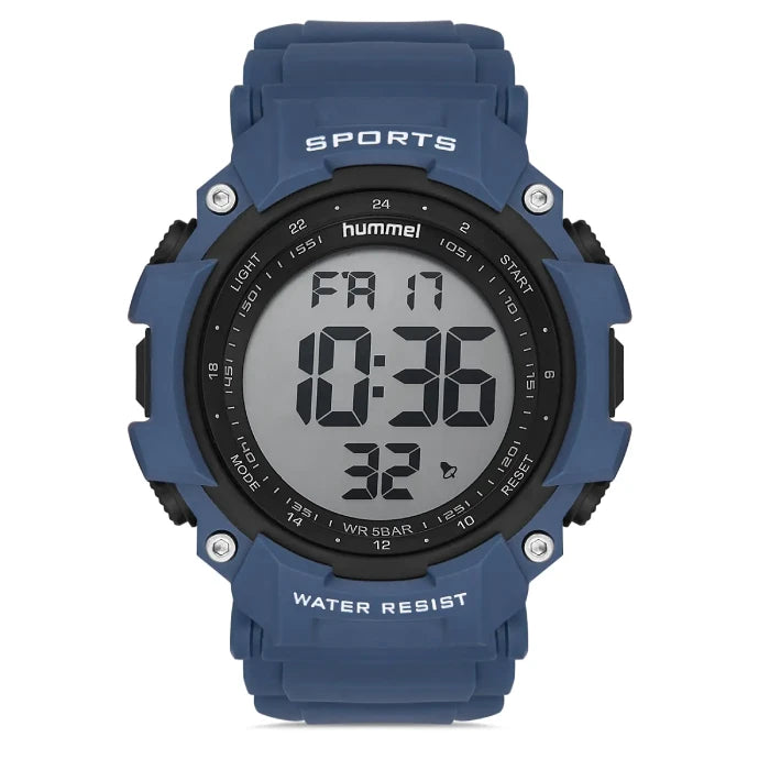 Hummel HM-1013MD5 sports digital watch with navy blue case, 5BAR water resistance, and large LCD display for athletes.