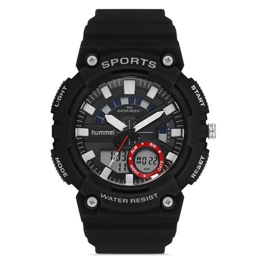 Hummel HM-1015MAD1 dual-display sports watch with 50M water resistance and rugged black design for active lifestyles.