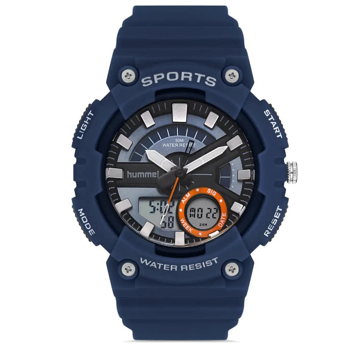 Hummel HM-1015MAD3 dual-display sports watch with navy blue case, orange accents, and 50M water resistance.