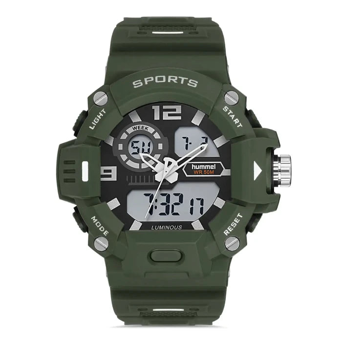 Hummel HM-1016MD3 military-style dual display watch with 50M water resistance and shock-resistant green case.