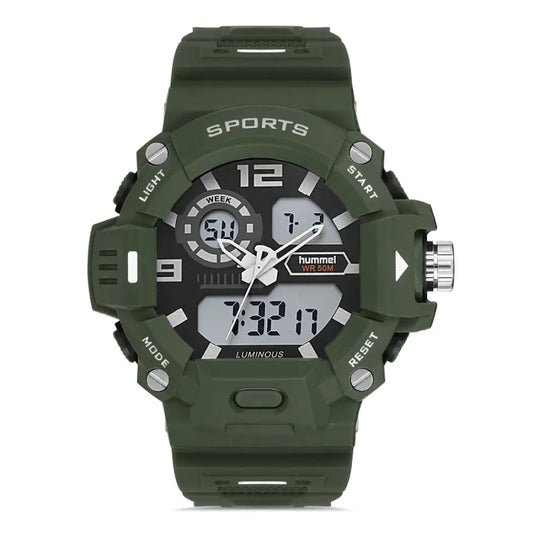 Hummel HM-1016MD3 military-style dual display watch with 50M water resistance and shock-resistant green case.