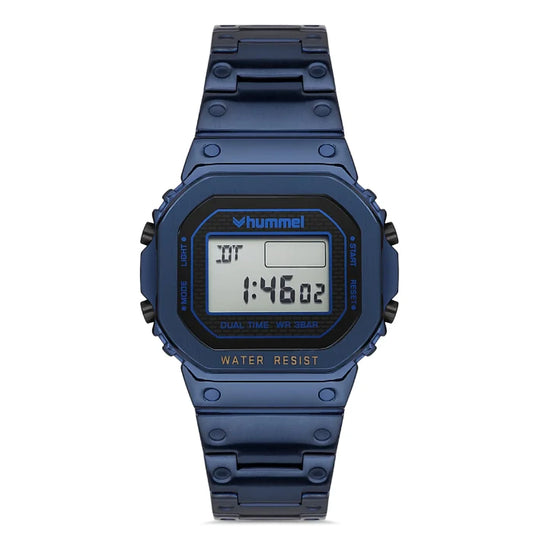 Hummel HM-2003MD2 retro digital watch with navy blue metal case, LCD display, and 3BAR water resistance.