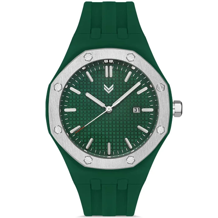 Hummel HM-2004MA3 luxury sport watch with green silicone strap, textured dial, and octagonal silver bezel design.