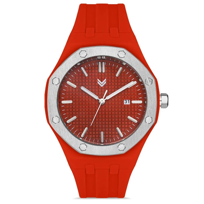 Hummel HM-2004MA4 luxury sport watch with red silicone strap, textured dial, and octagonal silver bezel design.