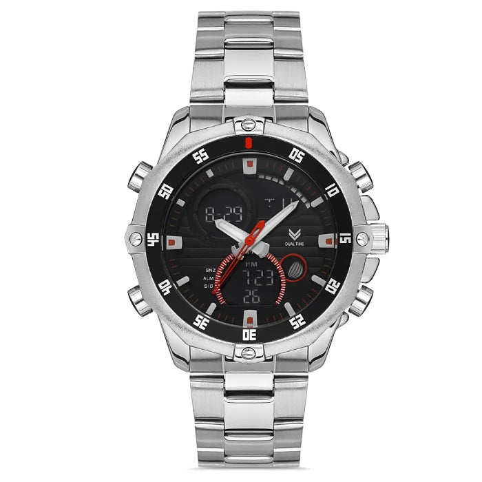 Hummel HM-2005MAD2 dual-display chronograph watch with stainless steel bracelet and black dial with red accents.