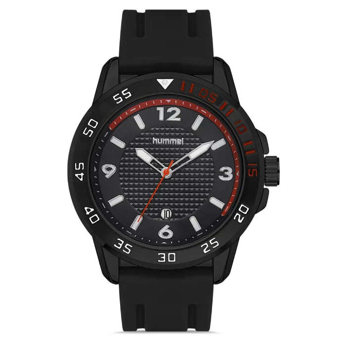 Hummel HM-3000MA1 sport watch with textured black dial, red accents, and rotating bezel for active lifestyle enthusiasts.