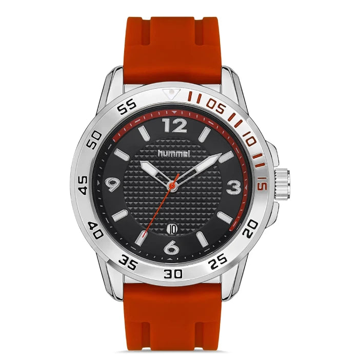 Hummel HM-3000MA4 sport watch with textured black dial, orange silicone strap, and silver rotating bezel for active lifestyle.