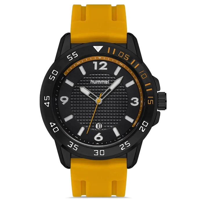 Hummel HM-3000MA5 sport watch with black case, yellow silicone strap, and textured dial for active lifestyle.