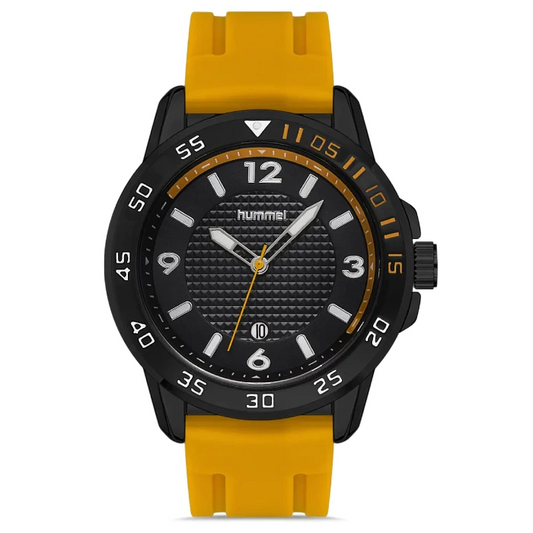 Hummel HM-3000MA5 sport watch with black case, yellow silicone strap, and textured dial for active lifestyle.