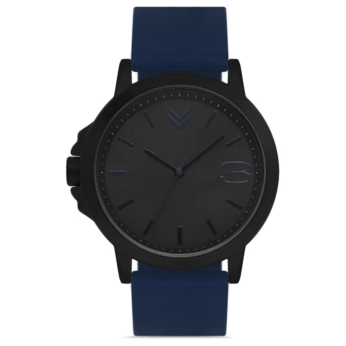 Hummel HM-3004MA-2 wrist watch with black dial and blue strap, featuring minimalist design and bold number "3."