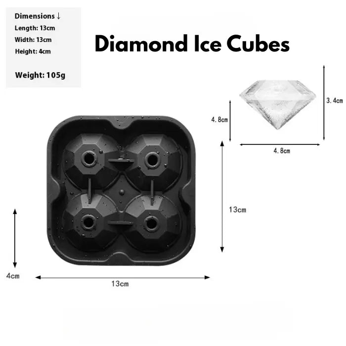 diamond tray mold with four cavities and detailed ice dimensions displayed.