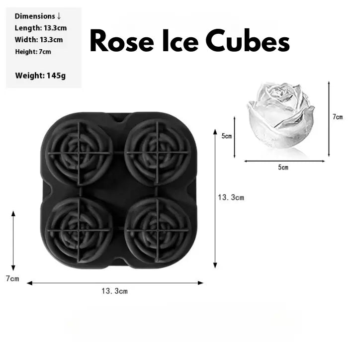 ice cube rose shape tray mold with four cavities and dimensions shown for ice size reference.
