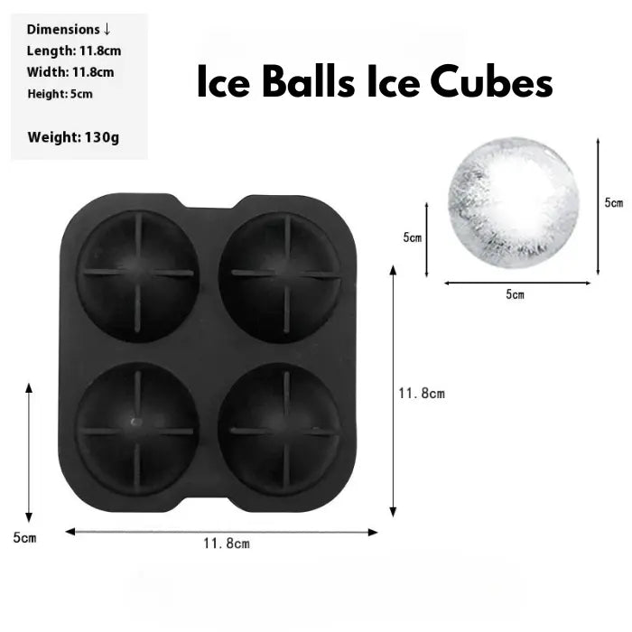 ice cube round mold tray with four round cavities and 5cm ball-shaped ice size display.