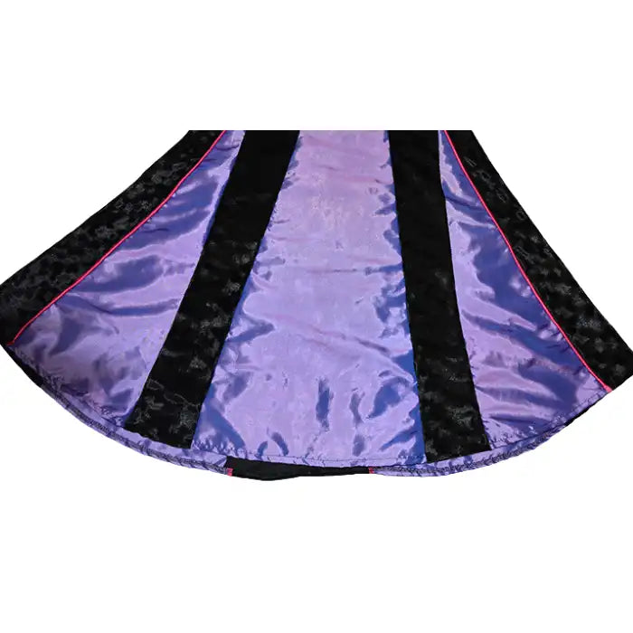 Ice Queen Halloween costume skirt detail with shiny purple and black panels and pink trim.