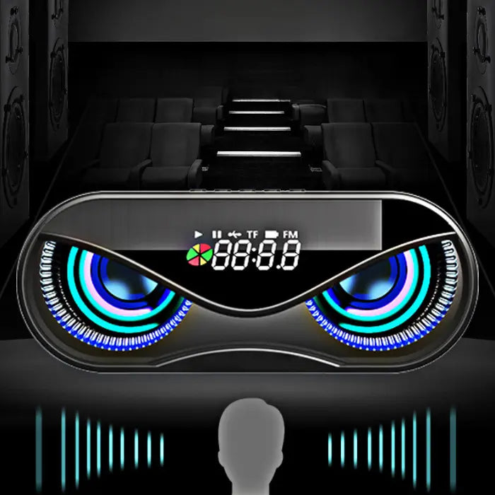 Futuristic speaker with glowing displays in dark theater, silhouette figure surrounded by visualized sound waves