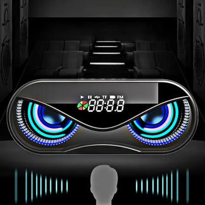 Futuristic speaker with glowing displays in dark theater, silhouette figure surrounded by visualized sound waves