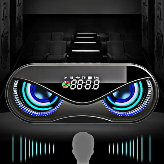 Futuristic speaker with glowing displays in dark theater, silhouette figure surrounded by visualized sound waves