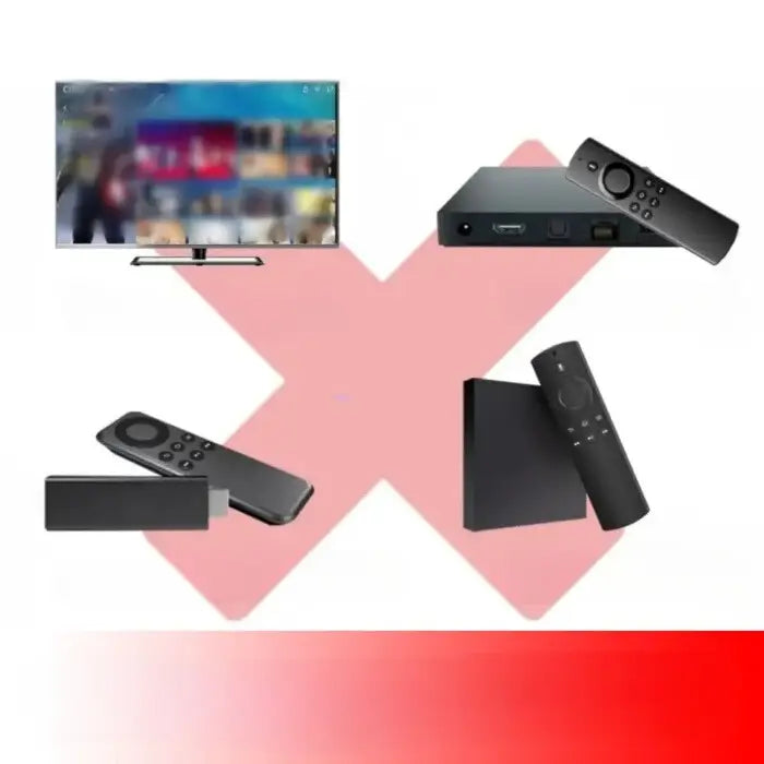 Smart TV, streaming devices, and remote controls arranged around large pink X, illustrating compatibility or comparison.