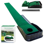 Indoor putting green kit with rolled turf, ball return ramp, and retail box included