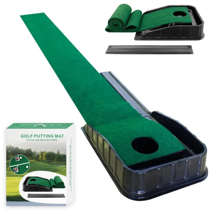 Indoor putting green kit with rolled turf, ball return ramp, and retail box included