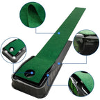 Indoor putting green shown with detailed close-ups of features like turf, ramp, and structure