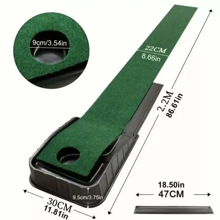 Indoor putting green with full dimensions, hole size, and ramp base for indoor golf training