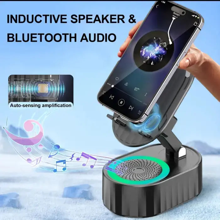 Phone stand with inductive speaker technology showing auto-sensing amplification and music playback interface