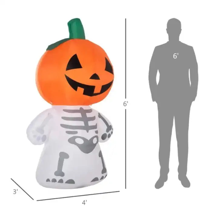 Inflatable Halloween decoration measuring 6 feet tall, with pumpkin head and skeleton body