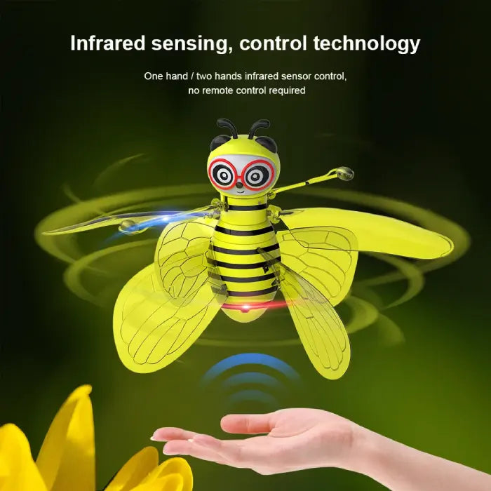 Cartoon bee drone with infrared sensing technology hovering over hand against green background, featuring gesture control capability