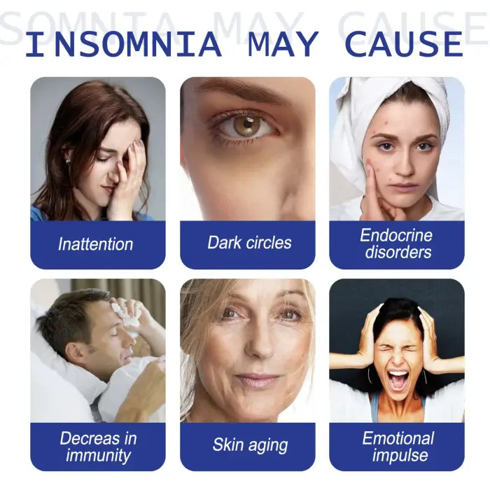 Effects of insomnia shown with symptoms like inattention, dark circles, and emotional stress alongside sleep aid benefits.