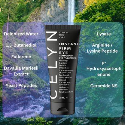 Infographic showing six key benefits of instant firm eye cream against forest backdrop