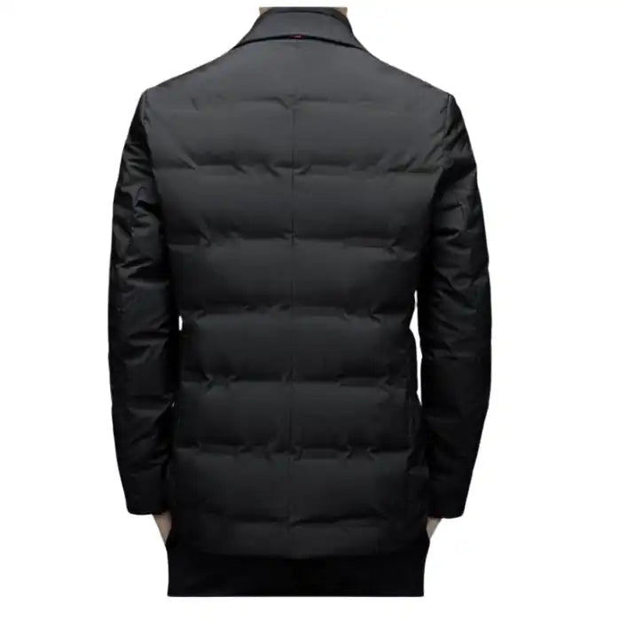 Insulated black blazer-style jacket displayed from the back, showing full panel and shoulder fit