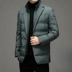 Insulated jacket in green with slim fit and blazer cut shown partially opened from the front.