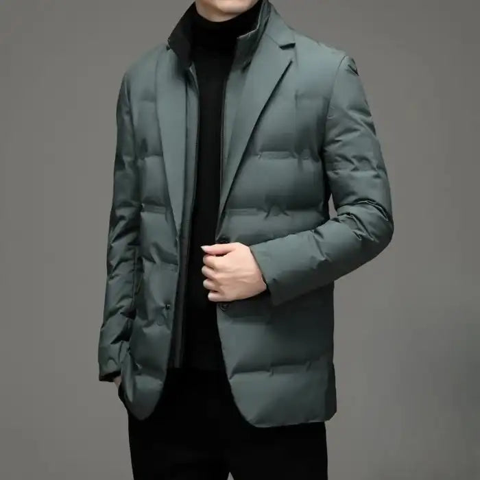 Insulated jacket in green with slim fit and blazer cut shown partially opened from the front.