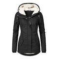 Insulated parka in black with plush fur hood lining and front pocket flaps