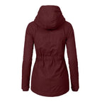 Insulated parka in maroon displaying back view with cinched waist and hood