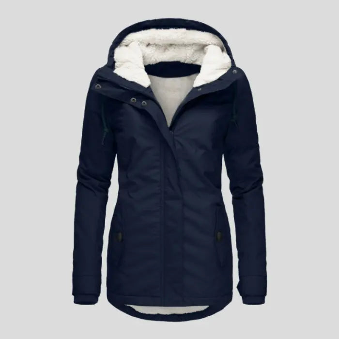 Insulated parka in navy blue for women featuring warm fur lining and zip front