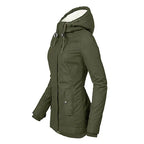 Insulated parka in olive green showing side profile with hood and buttoned pockets