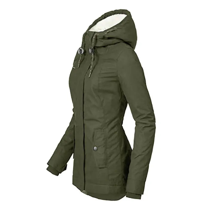 Insulated parka in olive green showing side profile with hood and buttoned pockets