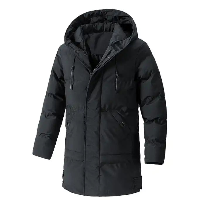 Insulated winter coat in black parka style with drawstring hood and padded design for winter protection.